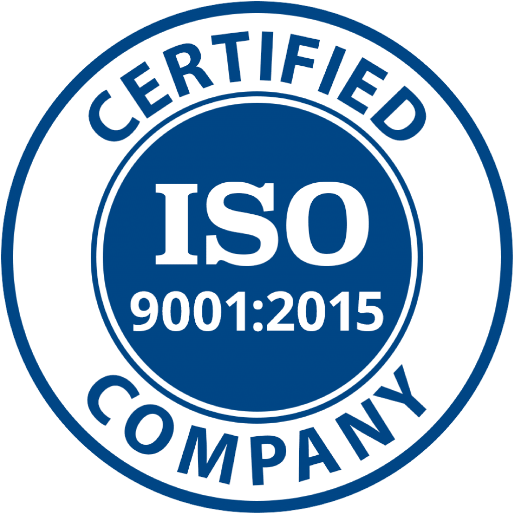 Un insigne circulaire bleu et blanc portant l'inscription « CERTIFIED COMPANY » sur le pourtour et « ISO 9001:2015 » au centre, mettant en avant la certification ISO ainsi que l'engagement en faveur de la gestion de la qualité et de la sécurité des données.