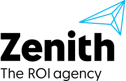 Ein Logo mit dem Wort „Zenith“ in fetten schwarzen Buchstaben, darunter in kleinerer Schrift „The ROI Agency“ und oben rechts eine schlichte blaue Grafik eines geometrischen Papierfliegers.