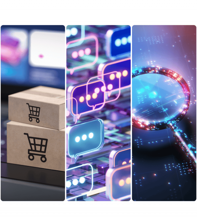 A three-panel image showing: stacked shipping boxes with shopping cart icons, colorful digital chat bubbles, and a glowing magnifying glass over a digital background, representing e-commerce, communication, and search.