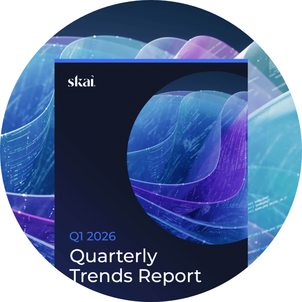 Circular graphic featuring the cover of Skai’s Q1 2026 Quarterly Trends Report, overlaying a background of abstract, swirling blue and purple digital waves from the Quarterly Trends Hub.