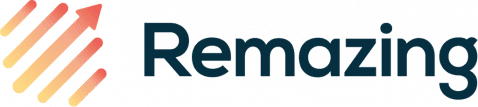 Das Logo von Remazing mit vier orangefarbenen und gelben diagonalen Linien, die links einen nach oben zeigenden Pfeil bilden, und dem Wort „Remazing“ in fetter, dunkelblauer Schrift rechts.