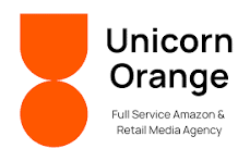 Das Unicorn Orange-Logo mit zwei orangefarbenen, vertikal übereinander angeordneten geometrischen Formen und dem Schriftzug „Unicorn Orange Full Service Amazon & Retail Media Agency“ in Schwarz auf weißem Hintergrund.
