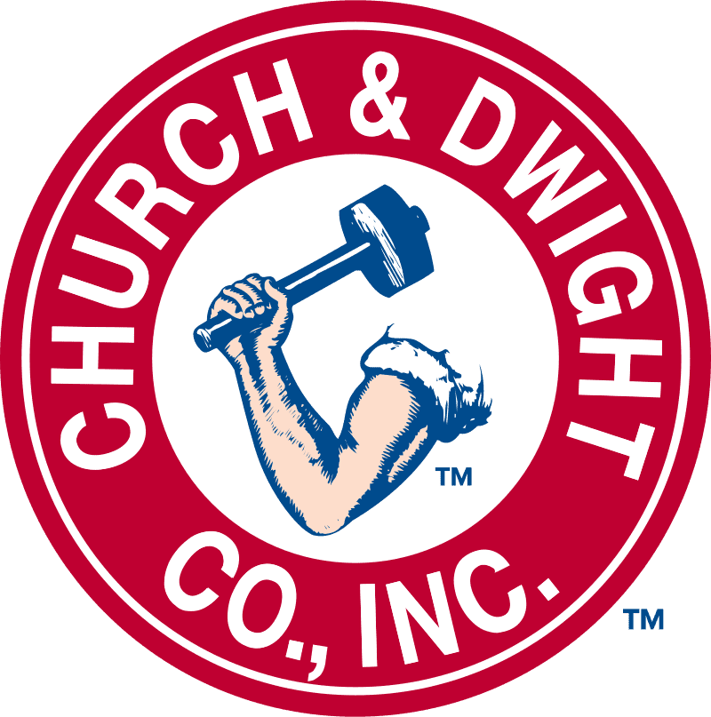 A red and white circular logo with CHURCH & DWIGHT CO., INC. around the edge and an illustration of a muscular arm holding a hammer in the center, featured in an omnichannel case study.