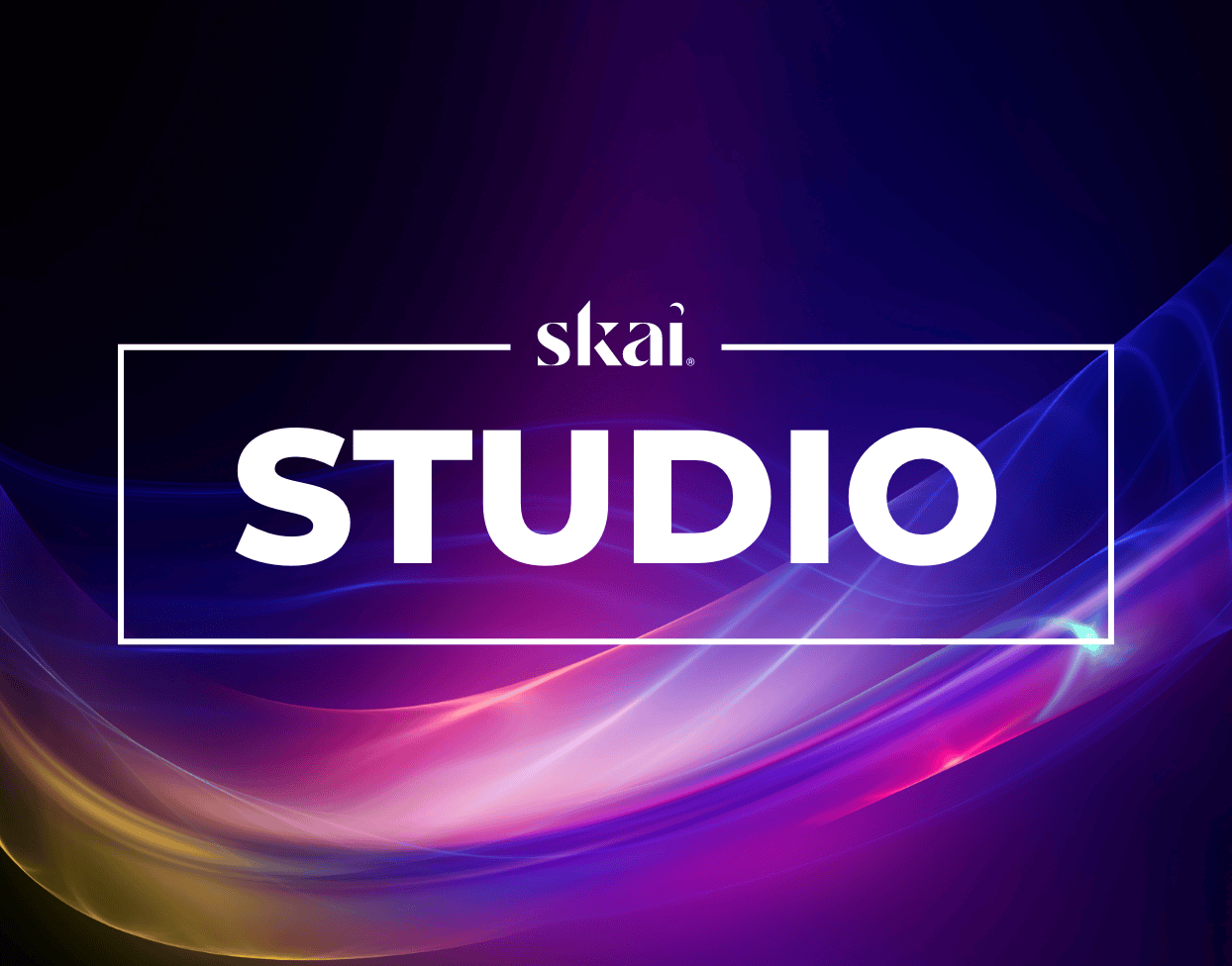 A dark, abstract background with colorful, flowing light waves. The word skai. appears above a bold STUDIO text—centered inside a white rectangular border—highlighting its agent-native marketing platform.