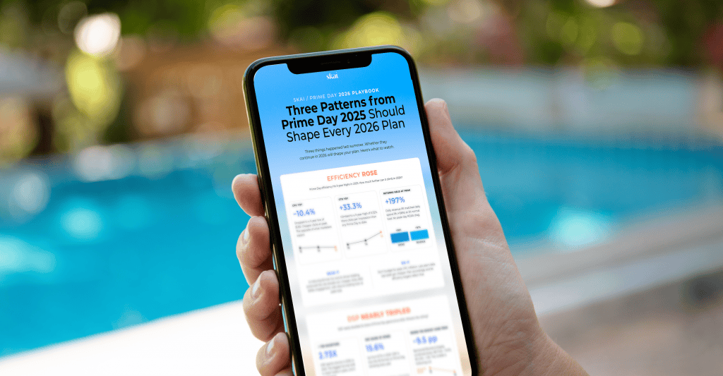 A hand holds a smartphone displaying a data report titled Three Patterns from Prime Day 2023 Should Shape Every 2024 Plan, with charts and graphs, in front of a blurred poolside background—perfect inspiration for your summer sales hub.
