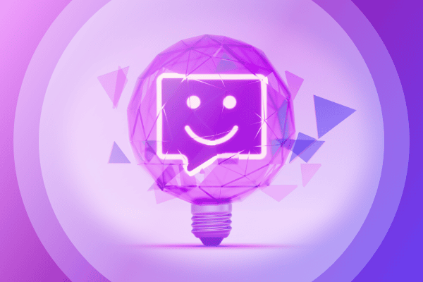 A glowing light bulb with a smiling speech bubble icon inside, surrounded by abstract geometric shapes and a purple gradient background.