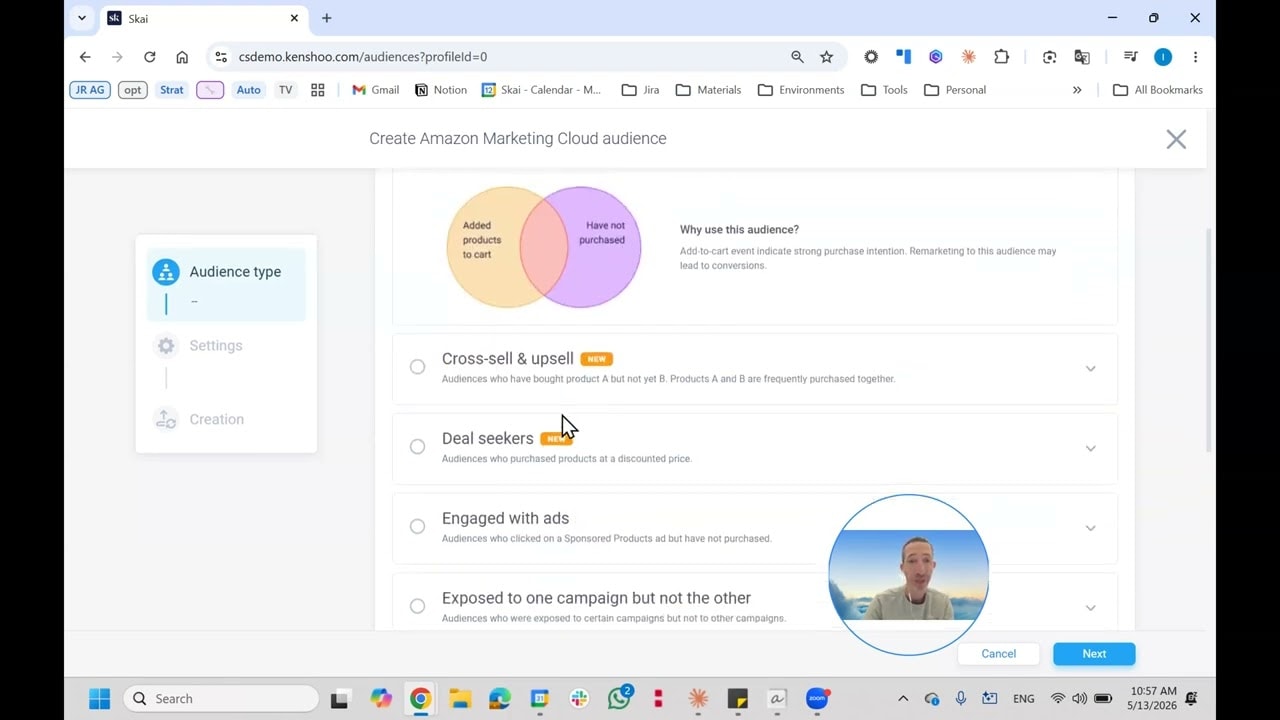Screenshot of a computer screen showing the Create Amazon Marketing Cloud audience page, featuring a Venn diagram and audience options like Cross-sell & upsell, Deal seekers, and summer sales hub. A person appears in a small video window.