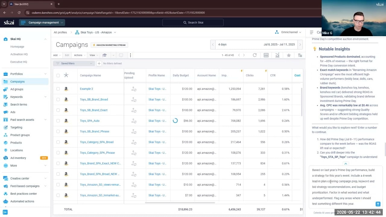 A person is visible in the corner of a computer screen displaying a campaign management dashboard for the summer sales hub, featuring a list of marketing campaigns, performance metrics, and analytics in a table format.