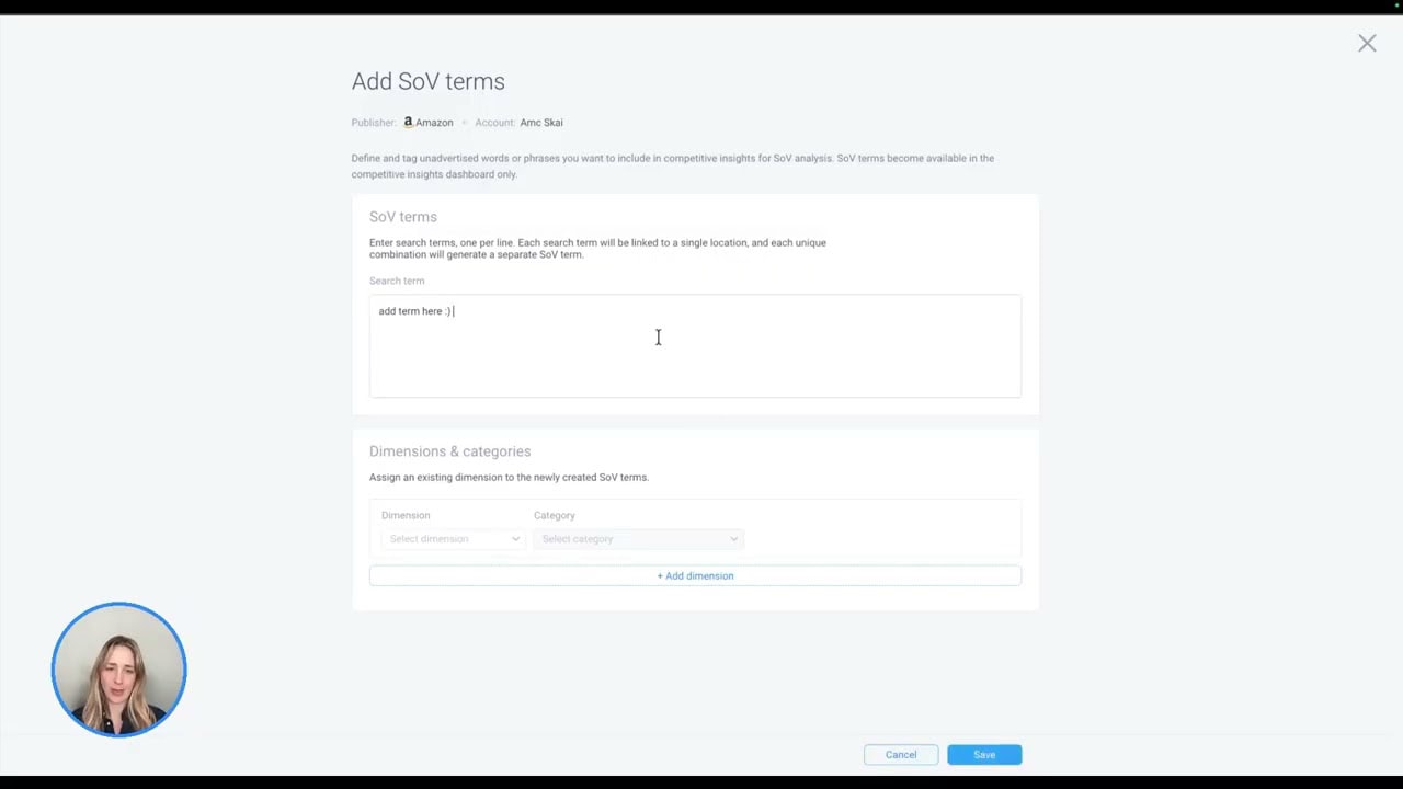 A woman appears in the bottom left corner of a screen sharing interface displaying an Add SoV terms form for the summer sales hub, with fields for SoV terms, dimensions, and categories. The cursor is in the SoV terms text box.
