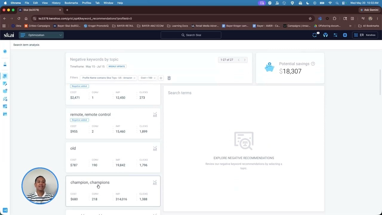 Screenshot of a Skai dashboard from the summer sales hub showing negative keywords by topic, potential savings of $18,397, and a list of negatives like old and remote. A person appears in the lower left corner.