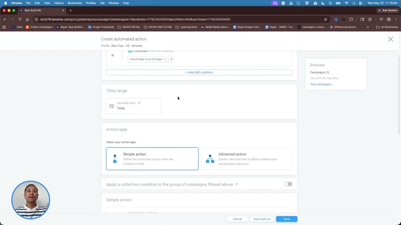 Screenshot of a web interface for creating an automated action in the summer sales hub. Options include setting a time range, choosing between simple and advanced action types, applying conditions, and buttons to save or cancel the process.
