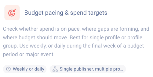 A section titled Budget pacing & spend targets with a target and arrow icon. Text explains checking spend pace, gaps, and budget shifts—ideal for summer sales hub performance tracking. Recommended for weekly or daily use across single publisher, multiple profiles.