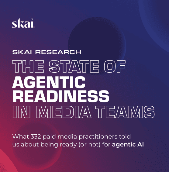 Werbegrafik für den Skai mit dem Titel „The State of Agentic Readiness in Media Teams“, in dem Erkenntnisse von 332 Fachleuten aus dem Bereich der bezahlten Medien zu ihrer Bereitschaft für agentische KI vorgestellt werden.
