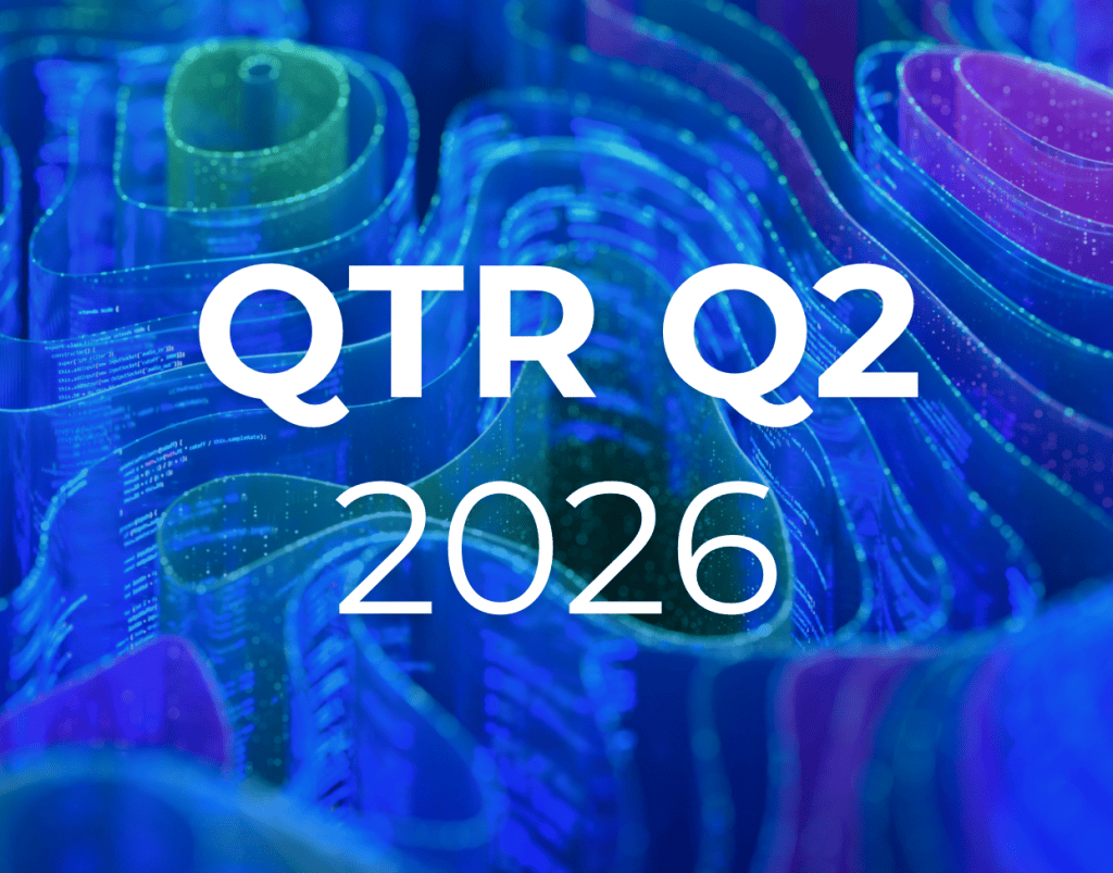 Le texte « QTR Q2 2026 » apparaît sur un fond abstrait ondulé aux couleurs vives, mêlant bleu et violet, orné de motifs numériques futuristes et de lumières ponctuelles, évoquant les thèmes de la technologie ou de la visualisation de données.