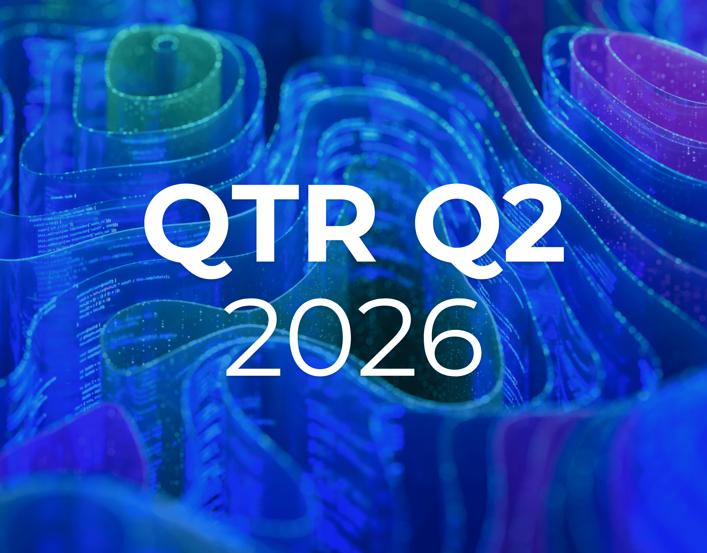 Text QTR Q2 2026 over abstract, wavy blue and purple lines with digital patterns, creating a futuristic, technological background that echoes the innovative spirit of Q1 2026 digital marketing trends.
