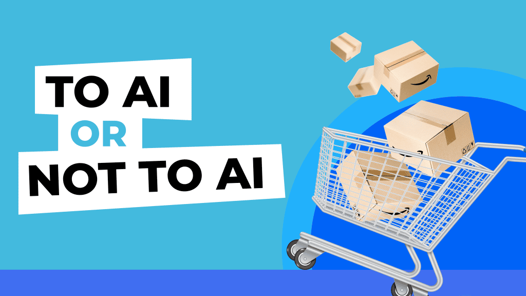 Ein Einkaufswagen mit Pappkartons und Amazon-Logos, über denen einige Kartons schweben. Links steht in fetter Schrift vor einem hellblauen Hintergrund: „TO AI OR NOT TO AI“.