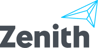 Le mot « Zenith » en lettres grises en gras, surmonté d’un motif minimaliste représentant un avion en papier géométrique bleu au-dessus du « h », le tout sur un fond clair, inspiré de l’esthétique épurée d’une étude de cas Remazing.