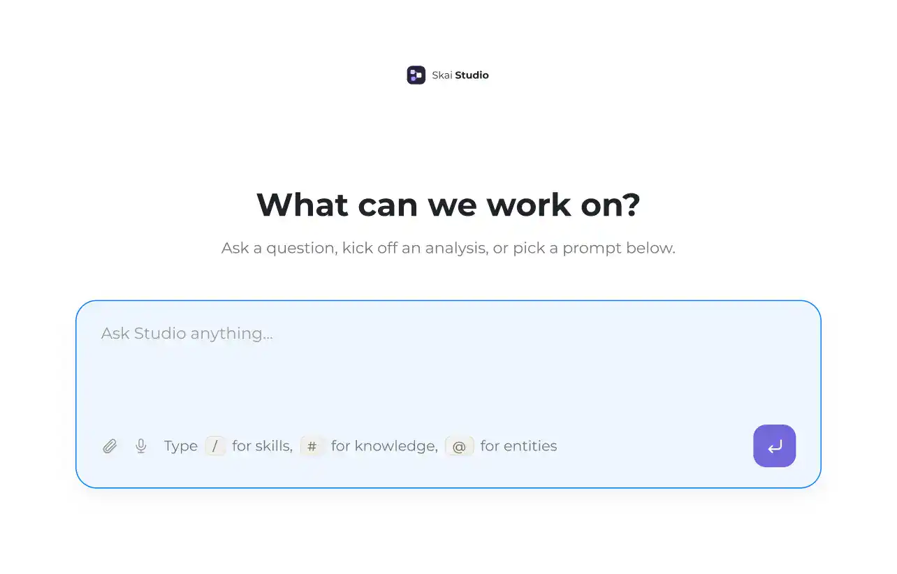 Screenshot of a web page titled What can we work on? with a search box prompting users to ask questions or start an analysis, and icons for skills, knowledge, and entities below.